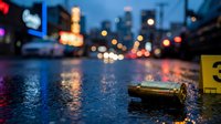 Crime scene evidence bullet casing on wet urban street at night with police tape and blurred city lights background for forensic investigation concepts.