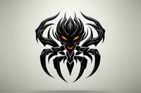 Stylized black spider with tribal design elements and glowing orange eyes on light background, symmetrical geometric pattern suitable for tattoo or logo design.
