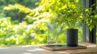 Serene windowsill arrangement with potted green plant, glass of water and book on wooden surface, sunlit garden bokeh background creates peaceful morning atmosphere.