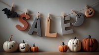 Halloween sale banner with decorative letters hanging on string with clothespins, accompanied by festive pumpkins and decorations.