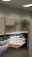 Businessman holding glowing network sphere with connected nodes in modern office environment representing digital transformation and connectivity solutions.