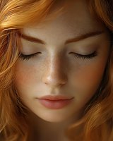 Close-up portrait of young redhead woman with freckles and closed eyes showing natural beauty and serenity against dark background.