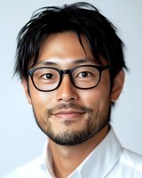 Young Asian professional man with glasses and gentle smile wearing white shirt against light background, modern corporate headshot style portrait.