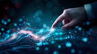 Businessman hand touching glowing digital wave with particles and bokeh lights on dark background. Futuristic technology concept for business solutions.