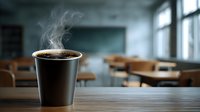 Steaming hot coffee in disposable cup on wooden desk in empty classroom with blurred school desks and chalkboard in background.
