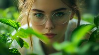 Young woman with glasses peering through vibrant green leaves, natural beauty portrait with soft focus and dreamy atmosphere, red hair framing intense gaze.
