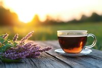 Cup of hot tea on rustic wooden table with fresh lavender flowers at sunset, golden sunlight creating cozy atmosphere for relaxation and mindfulness.