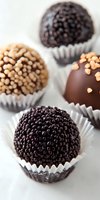 Assorted chocolate truffles with different toppings in paper cups on white background. Close-up macro shot of dark and milk chocolate candies with nuts and sprinkles.