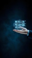 Businessman hand holding digital trust indicators with verified badge and reliability scores on dark blue background for security and compliance concepts.