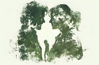 Double exposure silhouette of couple in love with small child figure between them, merged with green forest texture creating dreamy romantic atmosphere.