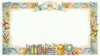 Ornate vintage frame with decorative botanical and school supply elements, featuring colorful books, globe, and flourishing scrollwork borders on isolated white background for design projects.