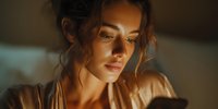 Young woman with curly hair illuminated by warm light looking at smartphone screen in dark room, creating intimate atmospheric portrait.