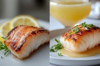 Grilled cod fillet with butter sauce, fresh herbs and lemon garnish on white plate, close up view of gourmet seafood dish in restaurant setting.