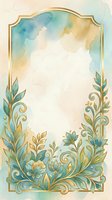 Watercolor floral frame with gold accents, teal and beige tones, ornate botanical border with copy space for wedding or luxury design.