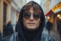 Young stylish man with sunglasses and hoodie walking on urban street with warm evening lights creating trendy lifestyle portrait for fashion marketing.
