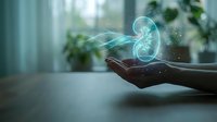 Hands holding glowing kidney hologram with digital particles for medical healthcare technology and organ donation awareness concepts.