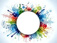 Colorful music frame with treble clef, notes and sound waves in rainbow splash design. White circle space for text or logo on isolated background.