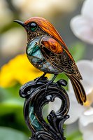 Ornate mechanical bird with steampunk design elements featuring intricate metalwork, gemstones, and colorful enamel details perched on decorative metal scroll against floral background.