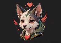 Adorable cartoon fox character with heart details and green hair streak on dark background. Stylized fantasy pet portrait with collar and romantic elements.