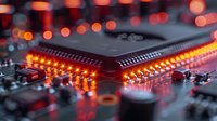 Glowing red LED lights illuminate electronic circuit board with microprocessor chip in macro view, highlighting modern technology and digital innovation.