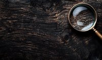 Vintage magnifying glass on dark weathered wooden background with dramatic lighting and copy space for detective or investigation concept.