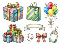Colorful gift boxes, shopping bag, balloons, ribbon bow, and gift tag isolated on white background. Suitable for greeting cards, invitations, wrapping paper, and festive designs.