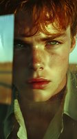 Close-up portrait of young redhead male model with intense gaze through window glass at golden hour, dramatic lighting creates mysterious atmosphere and shadows.