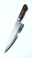 Japanese chef knife with hammered steel blade and dark wood handle with brass rivets, isolated on white background for culinary design and kitchen product use.