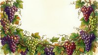 Vintage grape vine border with purple and green bunches, leaves and tendrils on cream background, isolated design element for wine labels, menus and culinary projects.