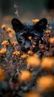 Black panther with piercing amber eyes peering through orange wildflowers against dark background, creating mysterious and dramatic wildlife scene.