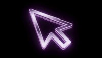Purple neon cursor arrow pointer glowing on black background for digital interface design and technology presentations.