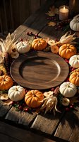 Autumn harvest table setting with wooden plate surrounded by orange and white pumpkins, corn husks, berries, and candles on dark wood surface for fall dining and seasonal decoration.