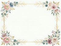 Floral frame with roses, peonies, and eucalyptus leaves in soft pink, blue, and gold tones. Decorative border for invitations, cards, and wedding designs.