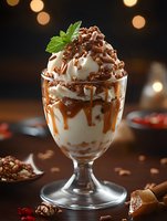 Luxurious ice cream sundae with caramel drizzle, whipped cream, and crushed nuts garnished with fresh mint leaf against dark background with bokeh lights.