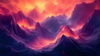 Dramatic mountain landscape at sunset with vibrant purple and orange colors creating mystical atmosphere. Peaks and valleys extend into distance under fiery sky.