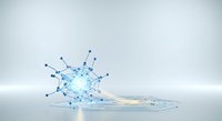 Splashing water droplets forming interconnected network nodes with glowing light effect, representing data flow, connectivity, and digital transformation for technology and innovation concepts.