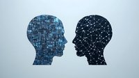 Two opposing head silhouettes filled with digital patterns - one with circuit board design and another with connected network nodes, representing artificial intelligence and technology.