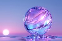 Magical crystal sphere with swirling blue and purple colors reflecting sunset light on water surface, creating ethereal atmosphere and mystical glow.