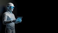 Futuristic digital human figure with geometric wireframe design holding holographic tablet interface on black background for technology concepts.