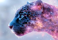 Mystical leopard profile with cosmic galaxy effect dissolving into starry space, featuring vibrant pink and blue nebula patterns against winter background.