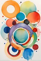 Vibrant watercolor circles in orange, blue, purple and turquoise create dynamic abstract composition with fluid overlapping rings and scattered paint drops on white paper.