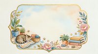 Cozy reading frame with sleeping cat, books, plants and floral elements on cream background for bookish designs and literary projects.