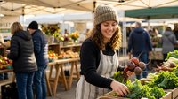 Young Caucasian woman in knit hat and apron selecting fresh vegetables at outdoor farmers market with shoppers browsing organic produce stands in background.