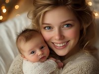 Young Caucasian mother with blue eyes and warm smile holding newborn baby in cozy knit sweater against bokeh lights background, expressing tender motherhood moments.