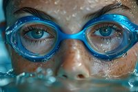 Close up of swimmer wearing blue goggles underwater, showing intense blue eyes and water droplets on face. Dramatic sports and fitness concept for swimming.