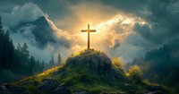 Christian cross on mountain peak at dramatic sunset, rays breaking through storm clouds over misty forest landscape, spiritual nature scenery in golden light.