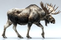 Majestic bull moose with large antlers walking in profile view against neutral gray background, isolated wildlife illustration for nature publications.