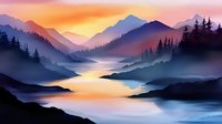 Serene mountain landscape with layered peaks, misty valleys, and glowing lake at sunrise or sunset, perfect for travel and nature backgrounds.