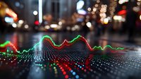 Financial market data visualization showing dynamic stock price movement with glowing green and red line graph against dark urban background with bokeh lights.