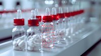 Medical glass vials with red caps arranged in rows in laboratory setting, selective focus on transparent containers with white pills, pharmaceutical manufacturing concept.
